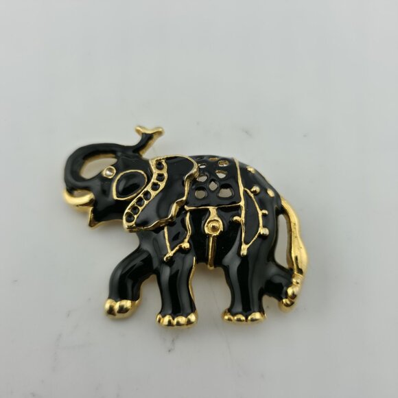 Vintage Elephant Brooch, Black Enamel Rhinestone Gold Tone, Trunk Up Lapel Pin - Picture 1 of 8